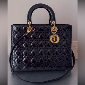 Large Lady Dior black quilted patent leather with gold hardware